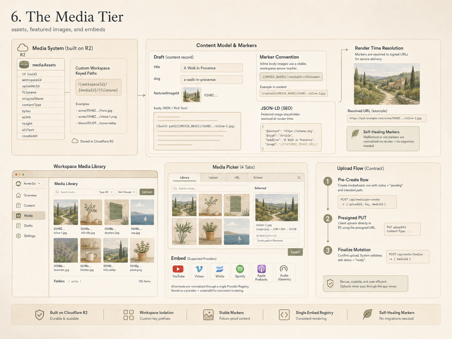 Chapter 6 architectural diagram: The Media Tier. Assets, featured images, and embeds. Cloudflare R2 storage with custom workspace-keyed paths, marker convention, render-time resolution, four-tab media picker, six-provider embed registry, and a three-step upload flow.